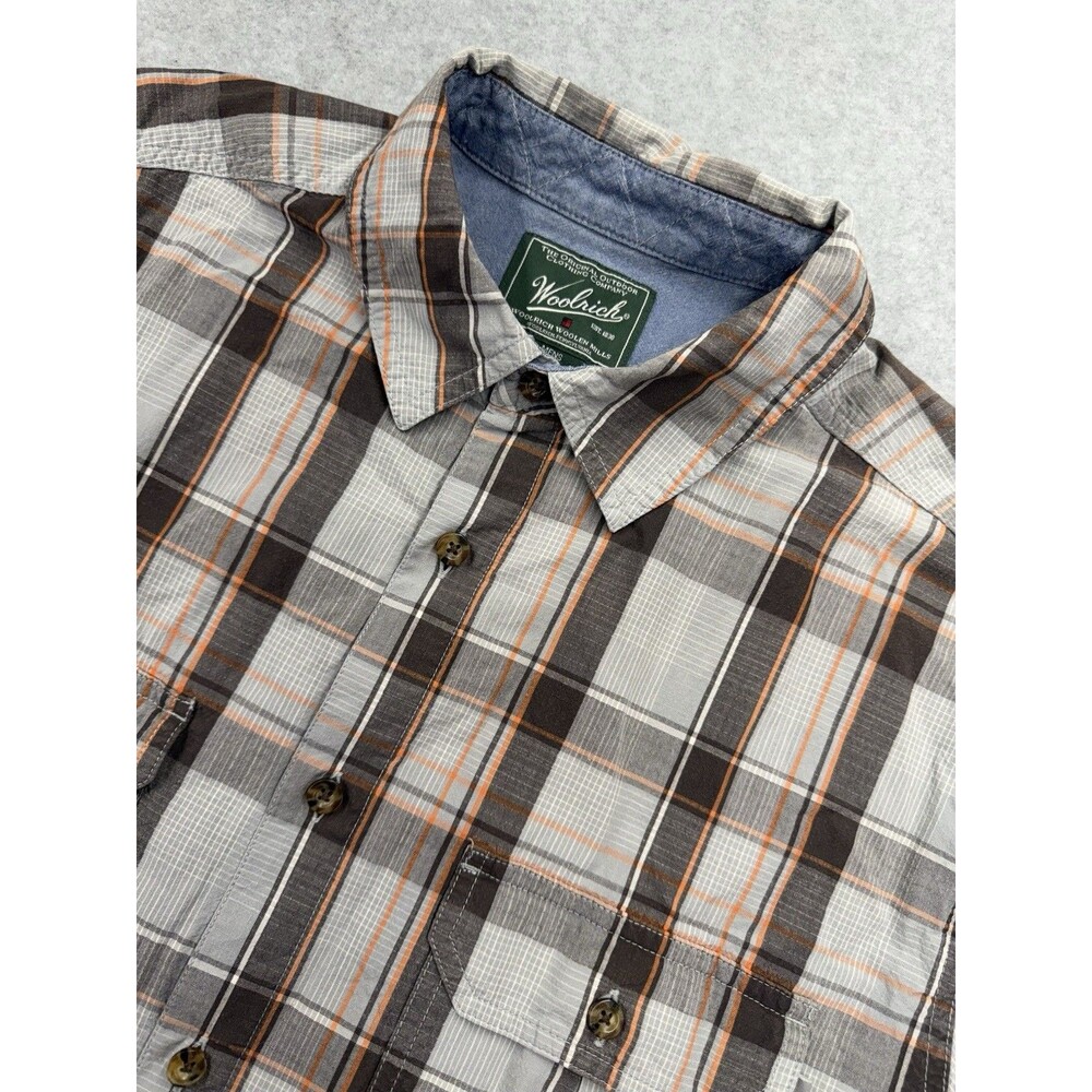 Woolrich L Gray Black Orange Plaid Cotton Short Sleeve Button-Up Pockets